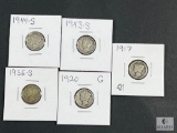 Group of Five Mixed Date and Mint Mercury Dimes