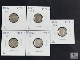 Group of Five Mixed Date and Mint Mercury Dimes