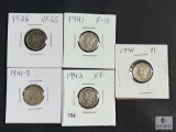 Group of Five Mixed Date and Mint Mercury Dimes