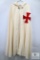 White Ceremonial Cloak with Red Cross Emblem and Ornate Silver Clasp