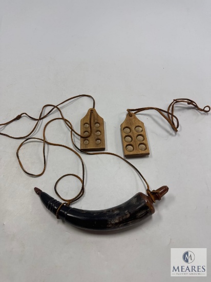 Vintage Black Powder Accessories: Powder Horn and Wooden Bullet Holders