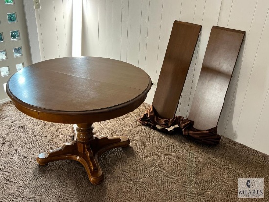 Vintage Solid Wood Round Pedestal Dining Table with Leaves - Located at 17 Runnymede Way, Greenville