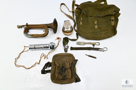 Vintage Military Field Gear Set - Bags, Bugle, Compass, and More