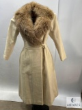 Vintage Pierre Cardin Ivory Wool Coat with Fox Fur Collar - Size 4