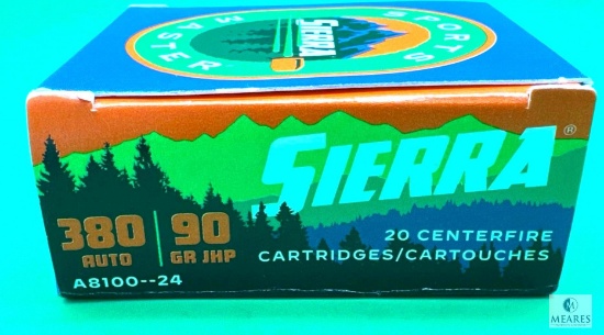 20 Rounds Sierra .380 ACP Ammo. 90 Grain Hollow Point Self Defense