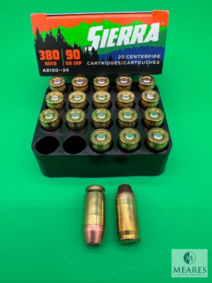 20 Rounds Sierra .380 ACP Ammo. 90 Grain Hollow Point Self Defense