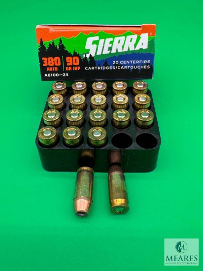 20 Rounds Sierra .380 ACP Ammo. 90 Grain Hollow Point Self Defense