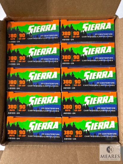 200 Rounds Sierra .380 ACP Ammo. 90 Grain Hollow Point Self Defense
