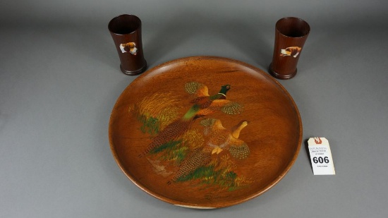 Reinbold Painted Wooden Platter and Glasses