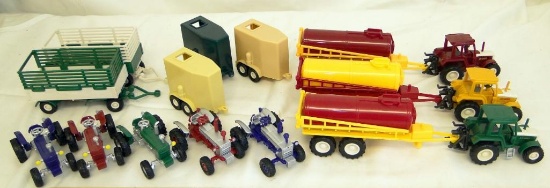 SMART TOYS BOX LOT - PLASTIC TRACTORS, TRAILERS, PULL BEHIND CHEMICAL TANKER/TRAILERS,