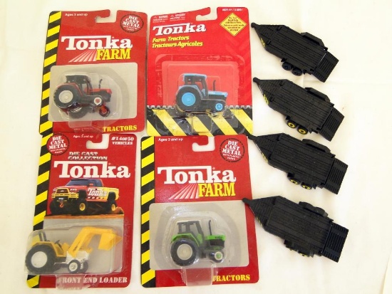 SCALE: 1:64 TONKA D12, (2) 88, 14 (3) TONKA FARM TRACTORS; (1) TONKA FRONT END LOADER #14 OF 50; (4)