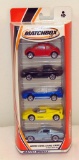 SCALE: 1/64 MATTEL WHEELS 5-PACK GIFT SET. INCLUDES: VW BUG, FORD MUSTANG, FERRARI, FORD BOSS,