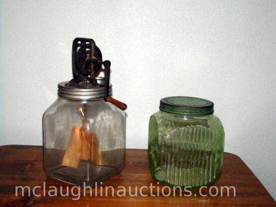 Vintage butter churn with crank and vintage depression glass square sided jar with lid.