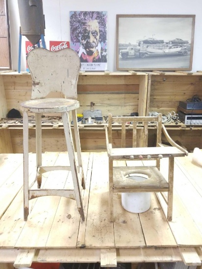 Antique child's high chair made of metal and a vintage child's chair/toilet trainer in average