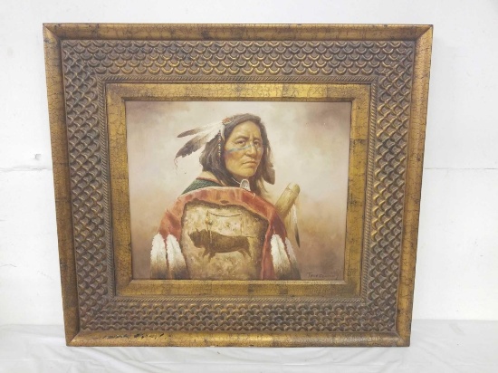 Vintage Indian themed oil painting in excellent condition. Measures approximately 38 in wide by 33