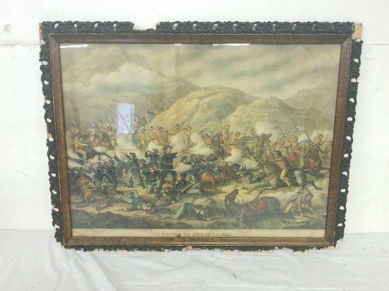 Vintage Battle of bighorn print in frame. Measures approximately 22 in tall by 27 inches wide.