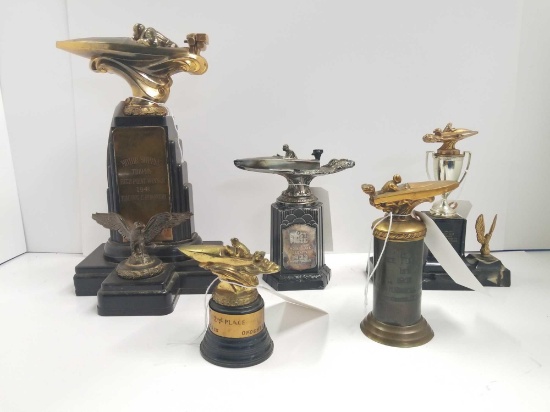 5 vintage trophies that look to be in good condition. 1941 Motor Supply trophy, 1933 Regatta trophy,