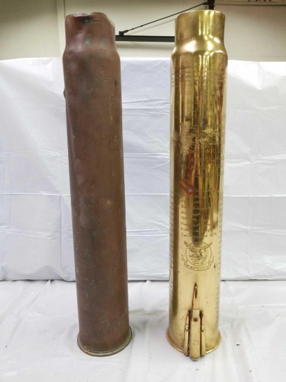 Two large military shell casings. One is inscribed (Trench Art) with soldiers names locations and