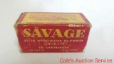 Box of savage 25 - 20 Winchester high-power Centerfire cartridges.