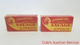 Two boxes of savage 35 Remington smokeless cartridges.