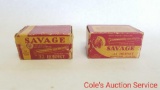 Two boxes of Savage 22 Hornet smokeless ammunition.