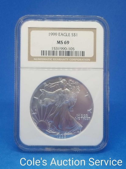 1999 US Mint American silver eagle dollar. Graded MS69 by NGC.