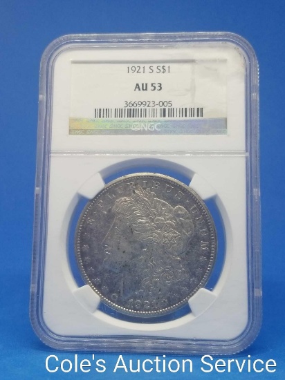 1921s United States Mint Morgan silver dollar. Grated au53 by NGC. na