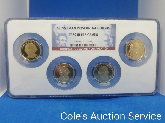 2007s proof presidential dollar set. Graded PF 69 Ultra Cameo by NGC. Beautiful set in display case.