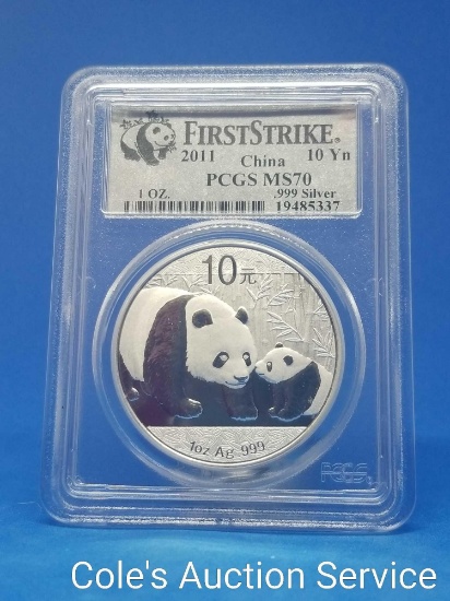 2011 first strike China 1 oz silver Panda coin. Beautiful coin graded MS70 by PCGS.