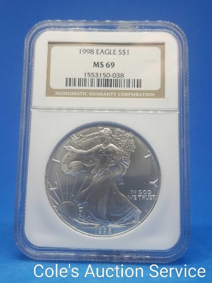 1998 US Mint American silver eagle dollar. Graded ms69 by NGC.