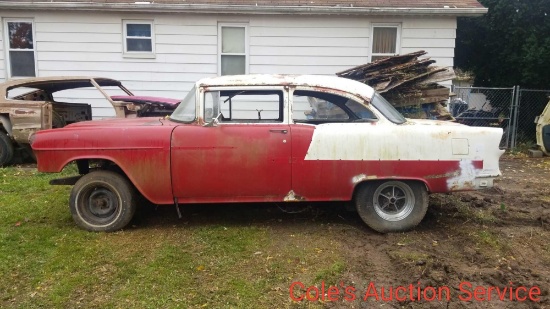 1955 Chevrolet Belair 2 door post rolling chassis. Looks to be a good solid project car.