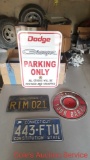 Group of items including a 1963 California plate, Connecticut plate, 383 4 barrel air cleaner lid,