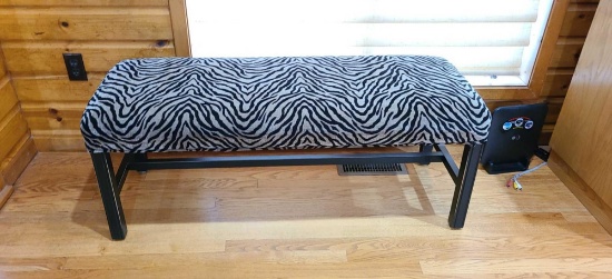 Sitting bench with custom fabric that measures approximately 48 in wide, 18 in deep, and 19 in tall.