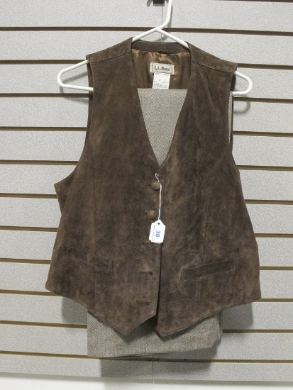 LL Bean Brown Leather Lined Vest & Wool Herringbone Pants