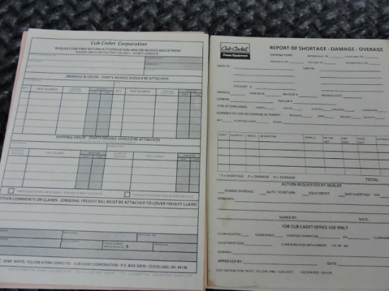 CUB CADET REQUEST FOR PARTS RETURN