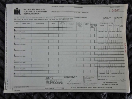 REQUEST FOR PARTS WARRANTY REIMBURSEMENT
