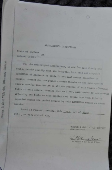 FORECLOSURE OF MORTGAGE ABSTRACT OF TITLE FROM PULASKI CO., IN,  MCCORMICK 1876
