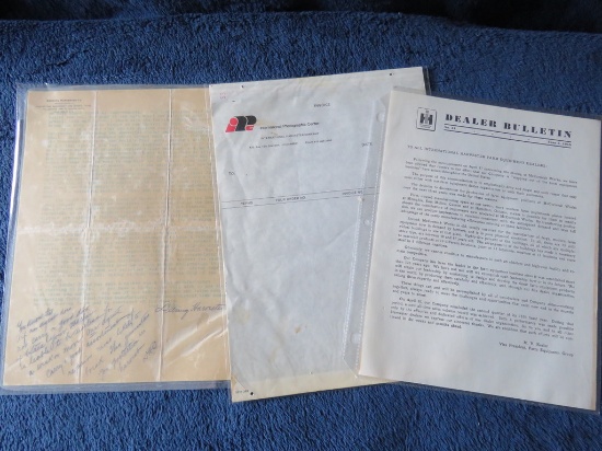 Deering Harvester letter, Photographic Center invoice; McCormick Works closure letter from 1959