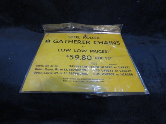 Yellow cardboard sign-"Steel Roller Gather Chains"