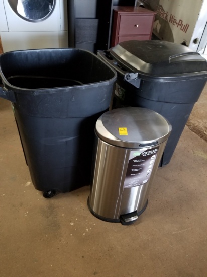 3 Trash Cans with Cleaning Supplies