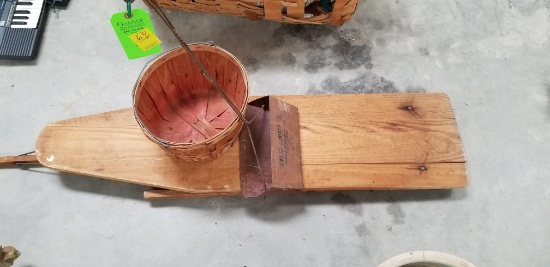 Wooden Ironing Board, Old Dustpan, & Basket