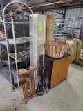 Wood Filing Cabinet, Bakers Rack, Croquet Set, Fireplace Set, & Basket