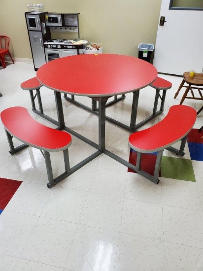 Round Cafeteria Table W/ Benches- Laminate Top- 48" - Red