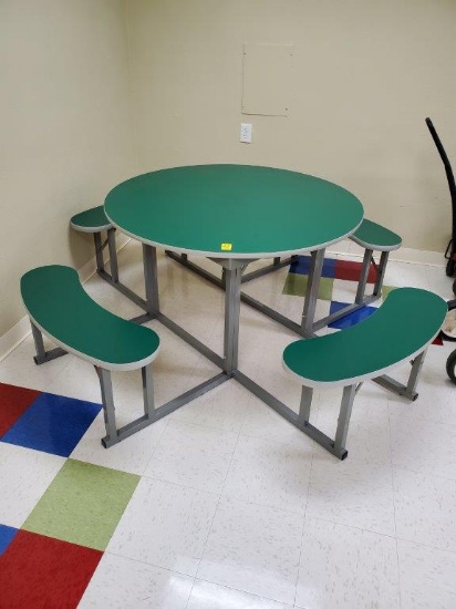 Round Cafeteria Table W/ Benches- Laminate Top- 48" - Green