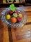 Footed Fruit Bowl (has a Crack) with Wooden Fruit