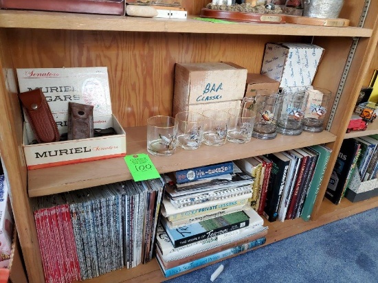 Contents of 2 Shelves - Pocket Knives, Bar Glasses, Books