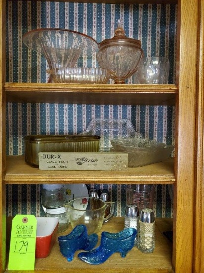 Glassware in Cabinet - Pink Glass Depression & Misc. Glassware