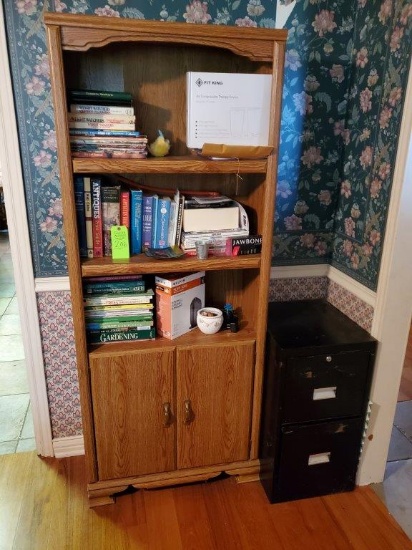 Bookcase, Contents & File Cabinet
