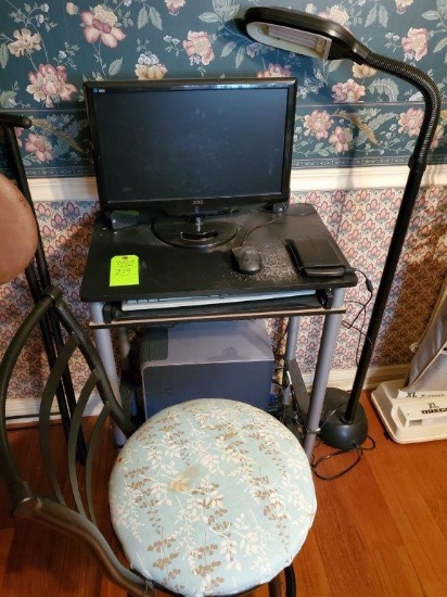 HP Computer, Monitor, Computer Desk, Stool, & Lamp