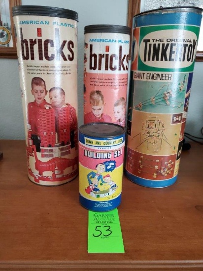 Vintage Tinker Toy Set, 2 American Plastic Bricks, & 1 Town & Country Building Set